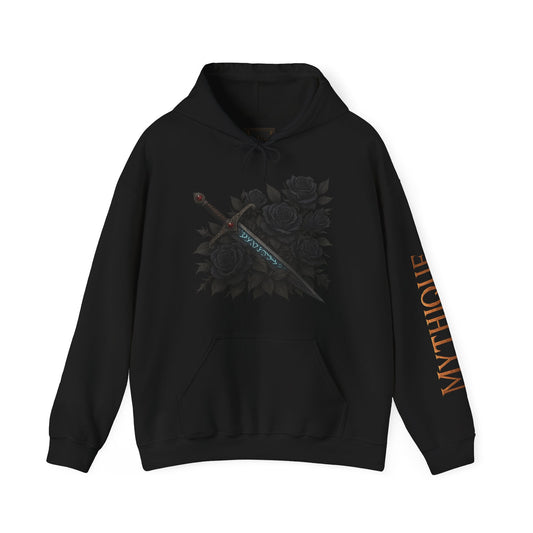 Gothic Sword & Black Rose Unisex Hoodie – Dark Floral Design for Fantasy Enthusiasts