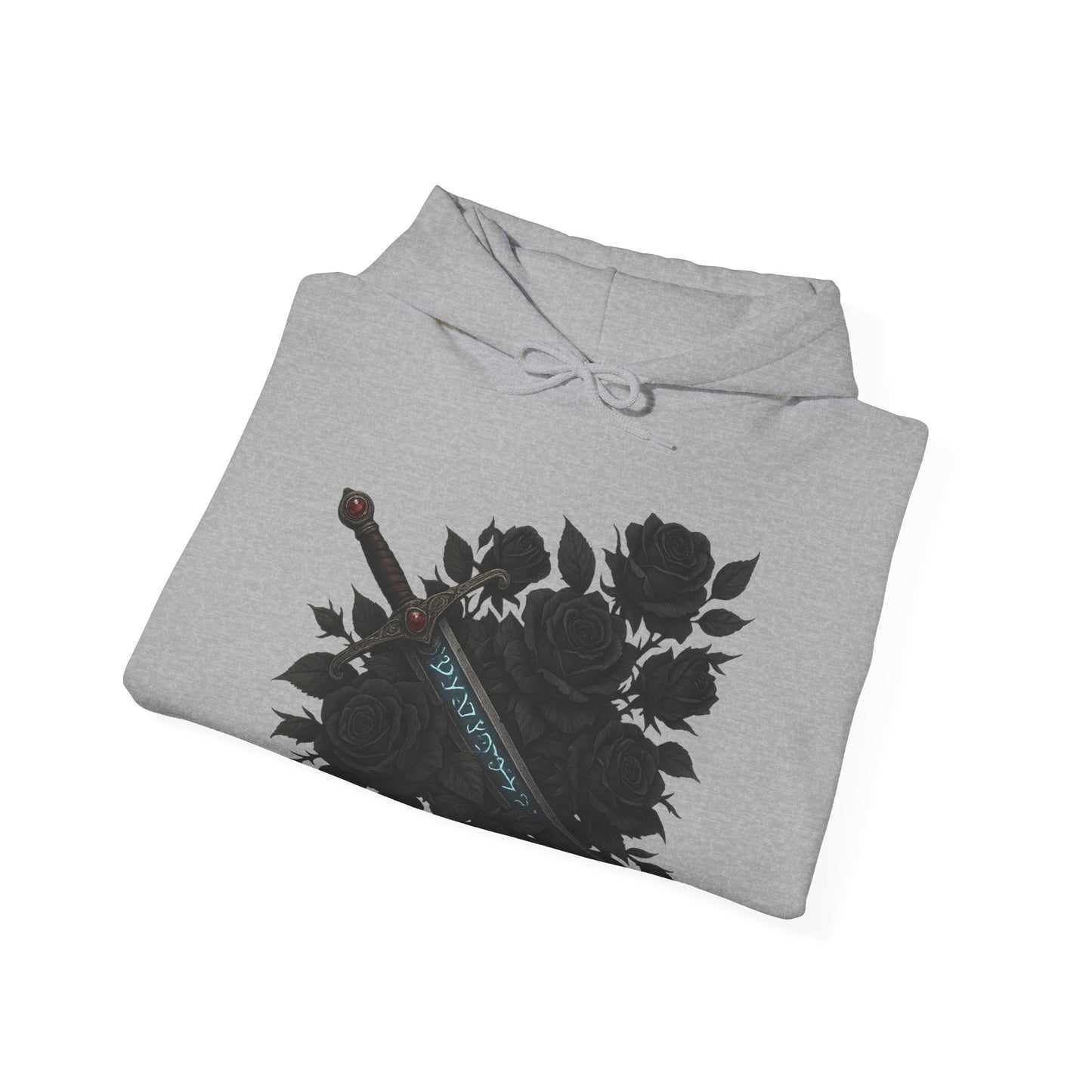 Gothic Sword & Black Rose Unisex Hoodie – Dark Floral Design for Fantasy Enthusiasts