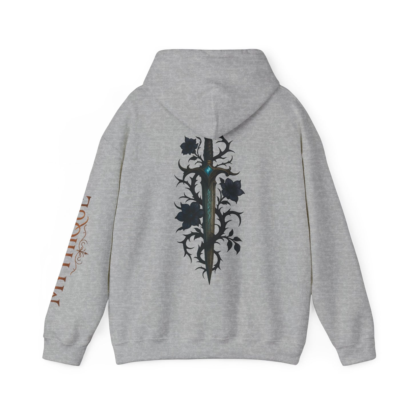 Gothic Sword & Black Rose Unisex Hoodie – Dark Floral Design for Fantasy Enthusiasts