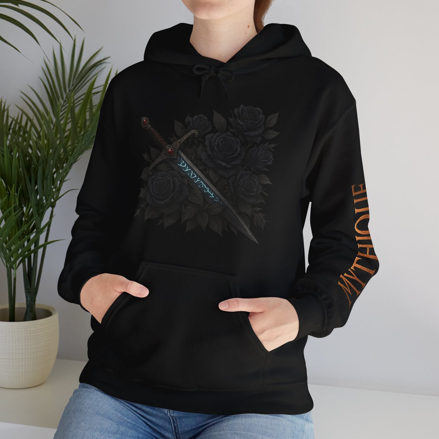 Gothic Sword & Black Rose Unisex Hoodie – Dark Floral Design for Fantasy Enthusiasts