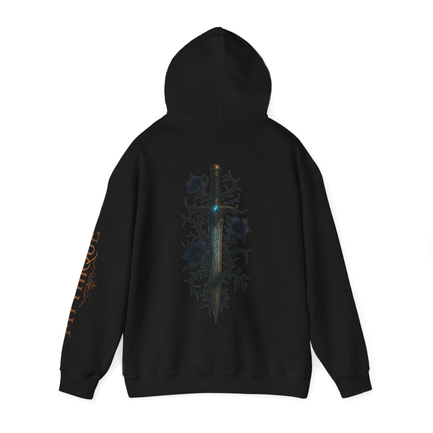 Gothic Sword & Black Rose Unisex Hoodie – Dark Floral Design for Fantasy Enthusiasts