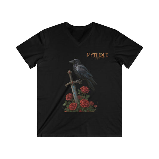 Graphic Tee - Raven Bird on Runic Sword with Red Roses
