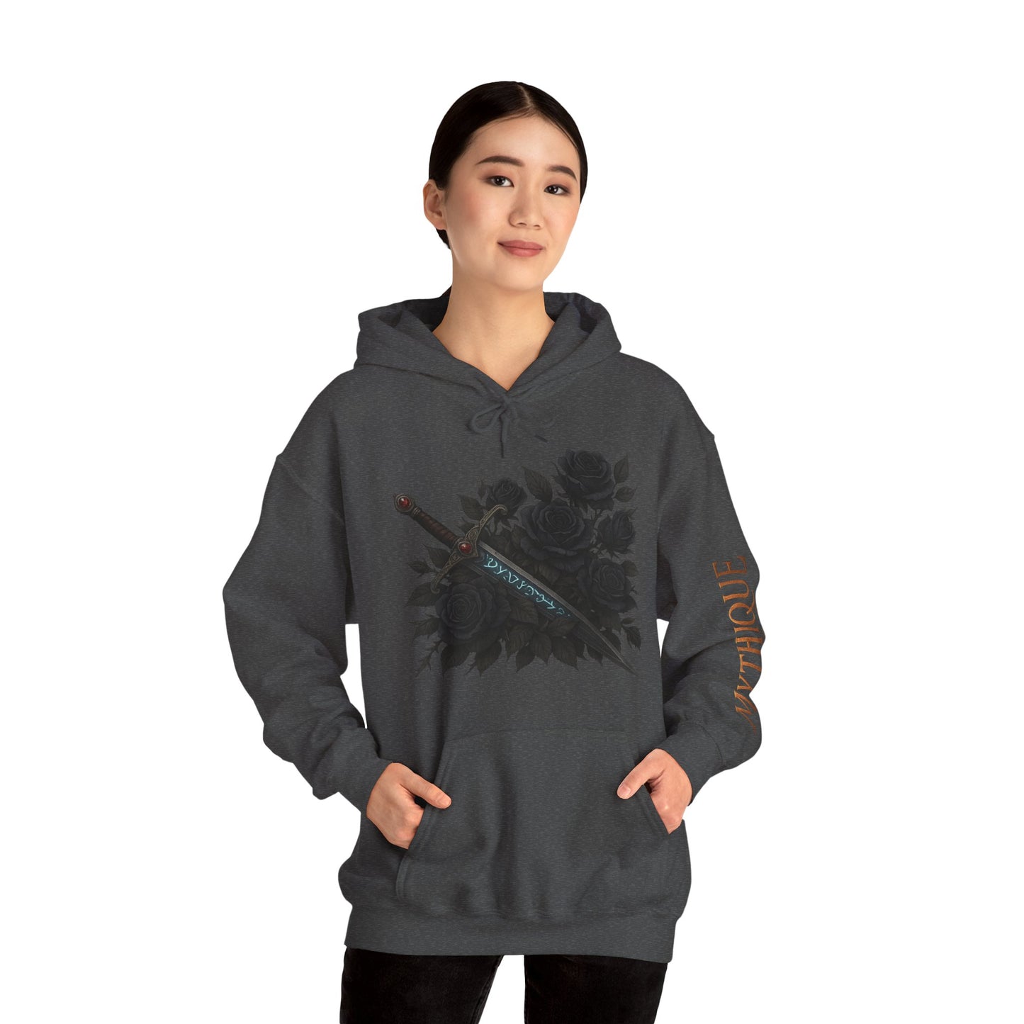 Gothic Sword & Black Rose Unisex Hoodie – Dark Floral Design for Fantasy Enthusiasts