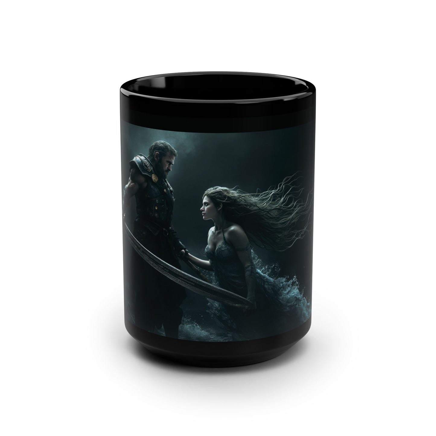 Fantasy-Themed 15oz Coffee Mug: Warrior & Mermaid