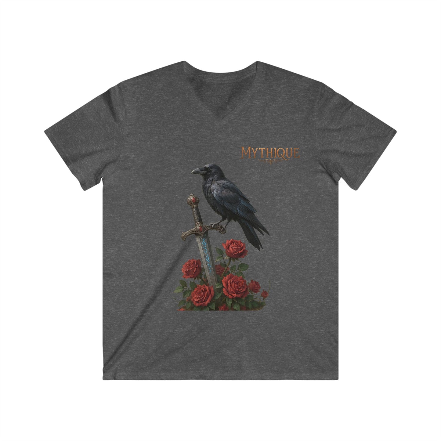 Graphic Tee - Raven Bird on Runic Sword with Red Roses
