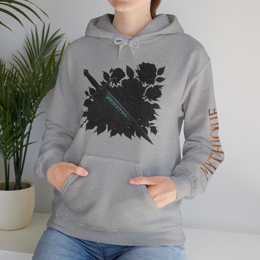 Gothic Sword & Black Rose Unisex Hoodie – Dark Floral Design for Fantasy Enthusiasts