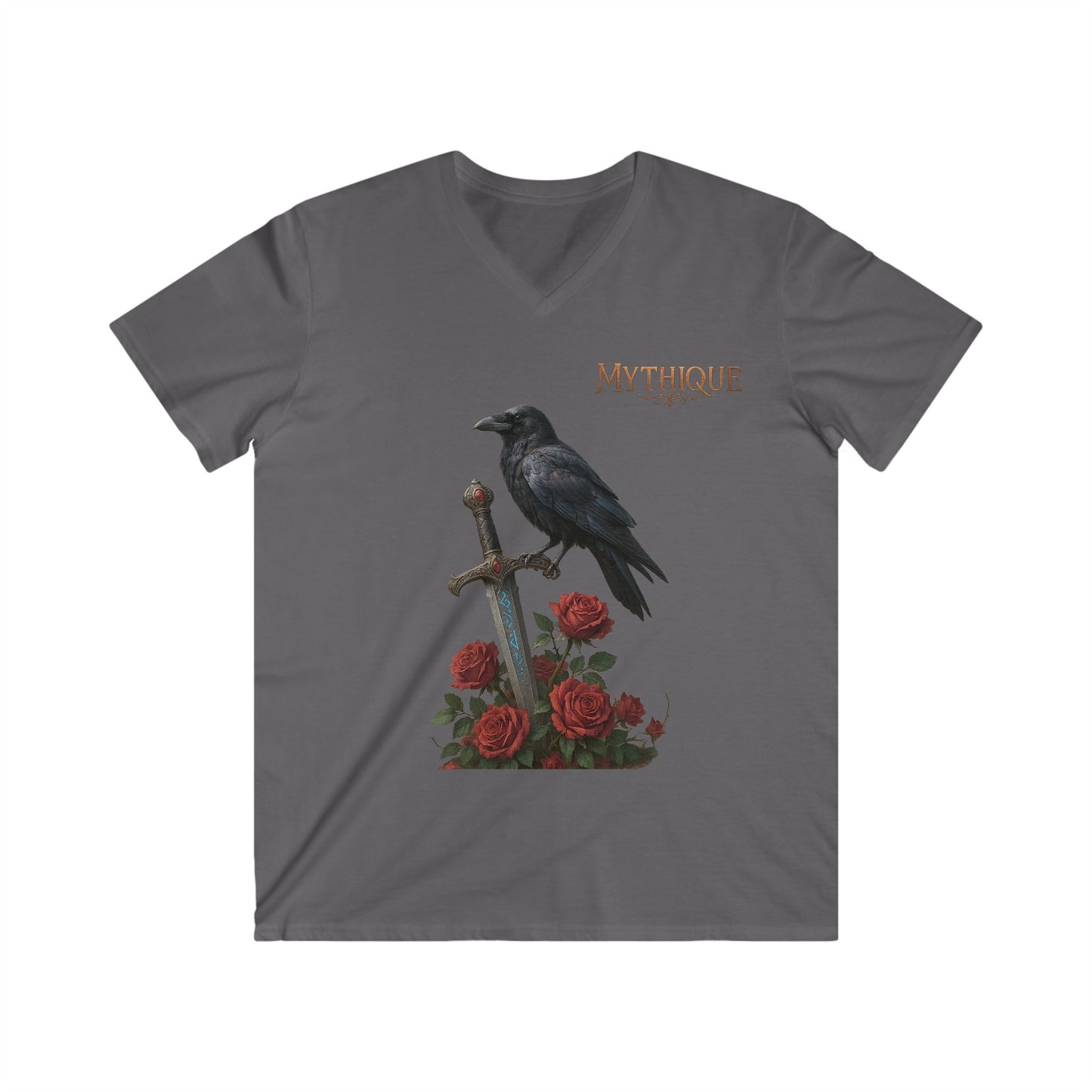 Graphic Tee - Raven Bird on Runic Sword with Red Roses